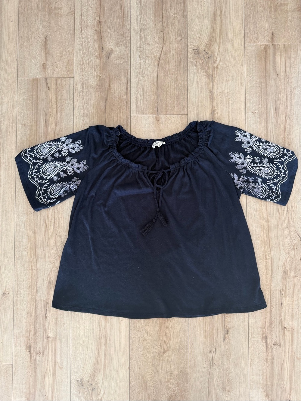 Women's Navy Embroidered Peasant Blouse with Tassel Tie